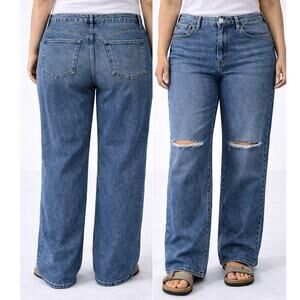 Good American Good ’90s Relaxed Jeans Indigo Distressed Straight Leg 16 Plus NEW